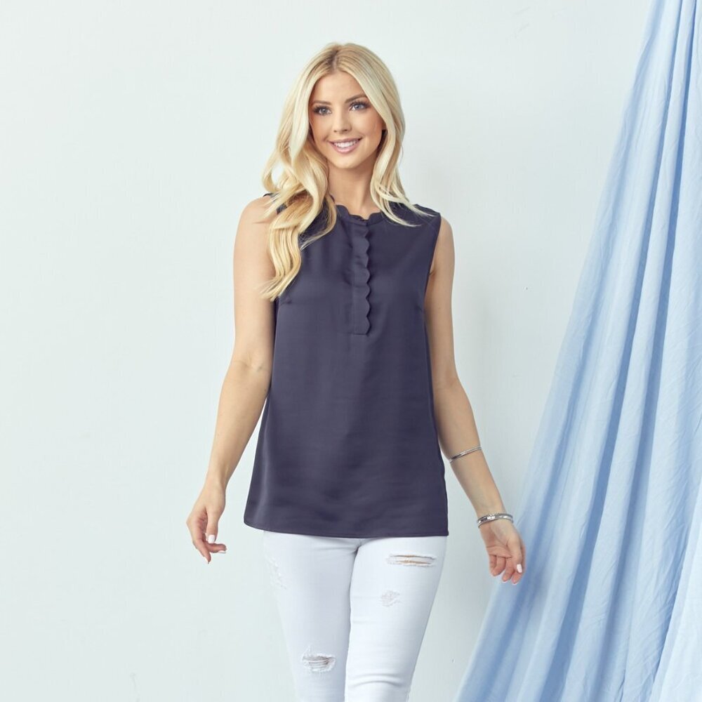 DOE & RAE Navy Scalloped Sleeveless Blouse, Elegant Work Top - Picture 1 of 7